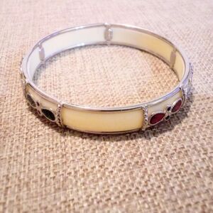 Silver Framed Jewel Tone Accented Cream Acrylic Bangle Bracelet